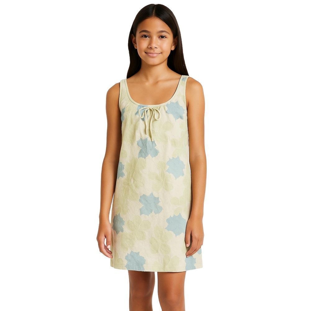 BCBGIRLS Beige Blue Textured Floral Babydoll Tie Front Dress Girls XS